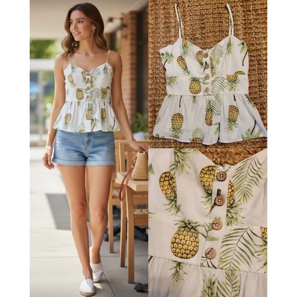 Trixxi Tops - Sexy Pineapple Tropical Button Down Cami Top Boho Botanical Peplum Camisole